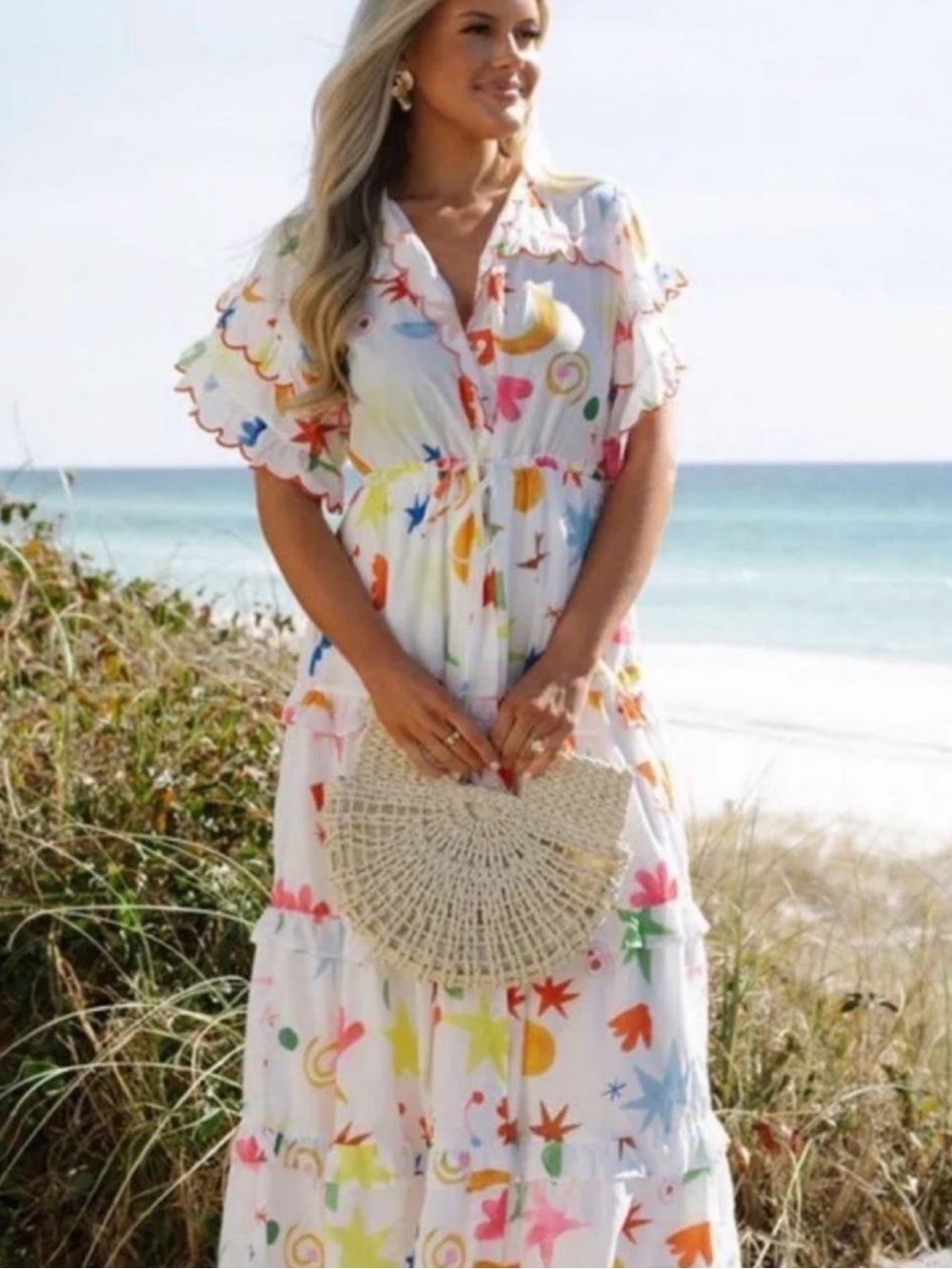 Charm Ruffle Maxi Dress with Multicolor Star & Shape Print